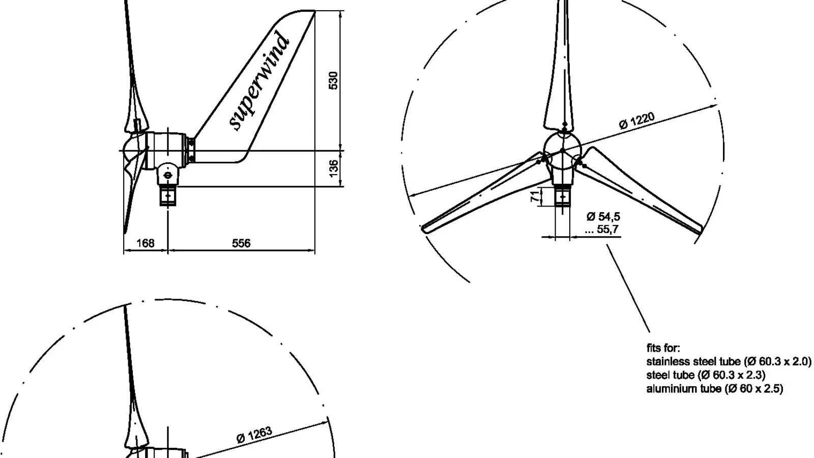 Dimensioned drawing wind generator SW 353