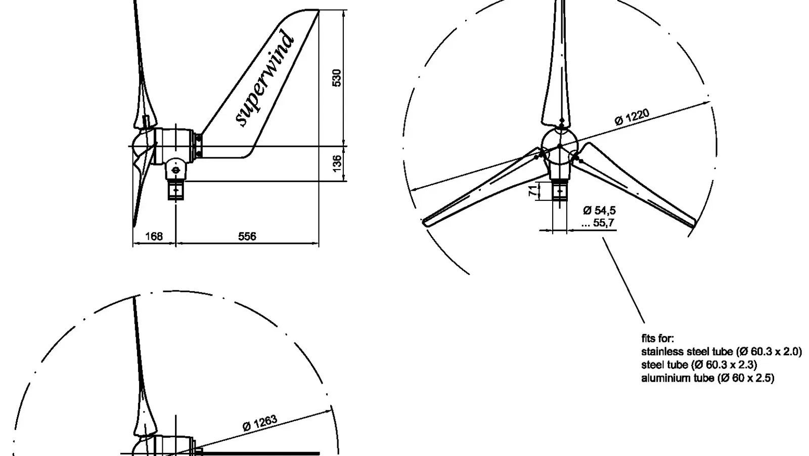 Plan d'encombrement de l'aérogénérateur SW 353