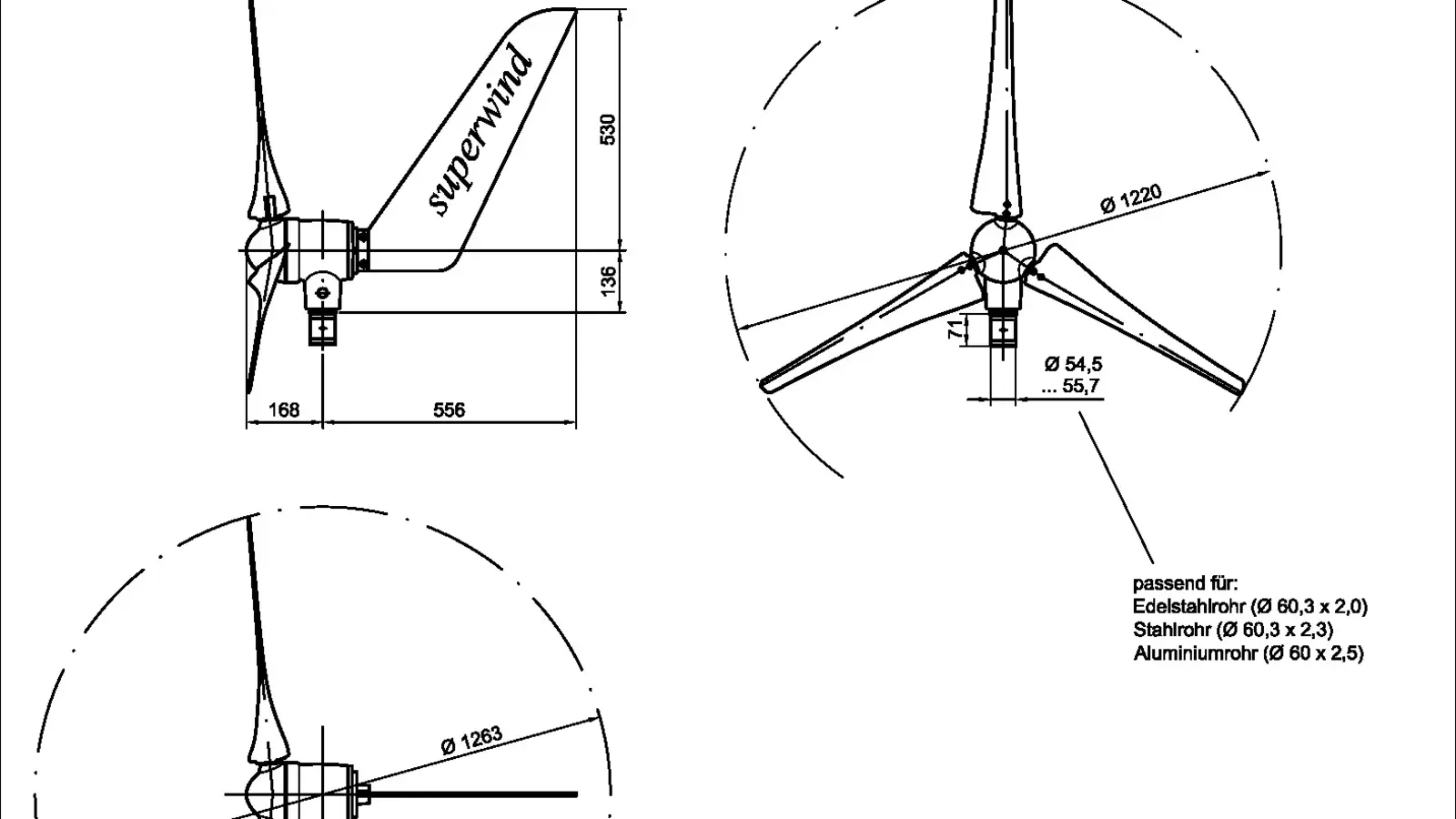 Maßzeichnung Windgenerator SW 353