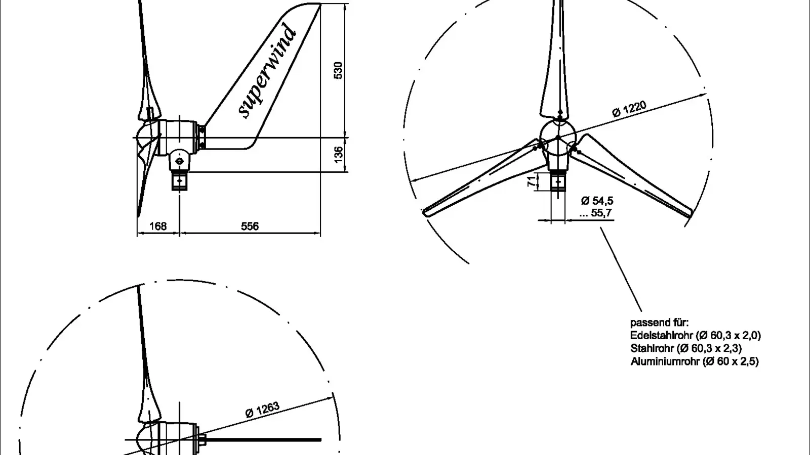Maßzeichnung Windgenerator SW 350-II