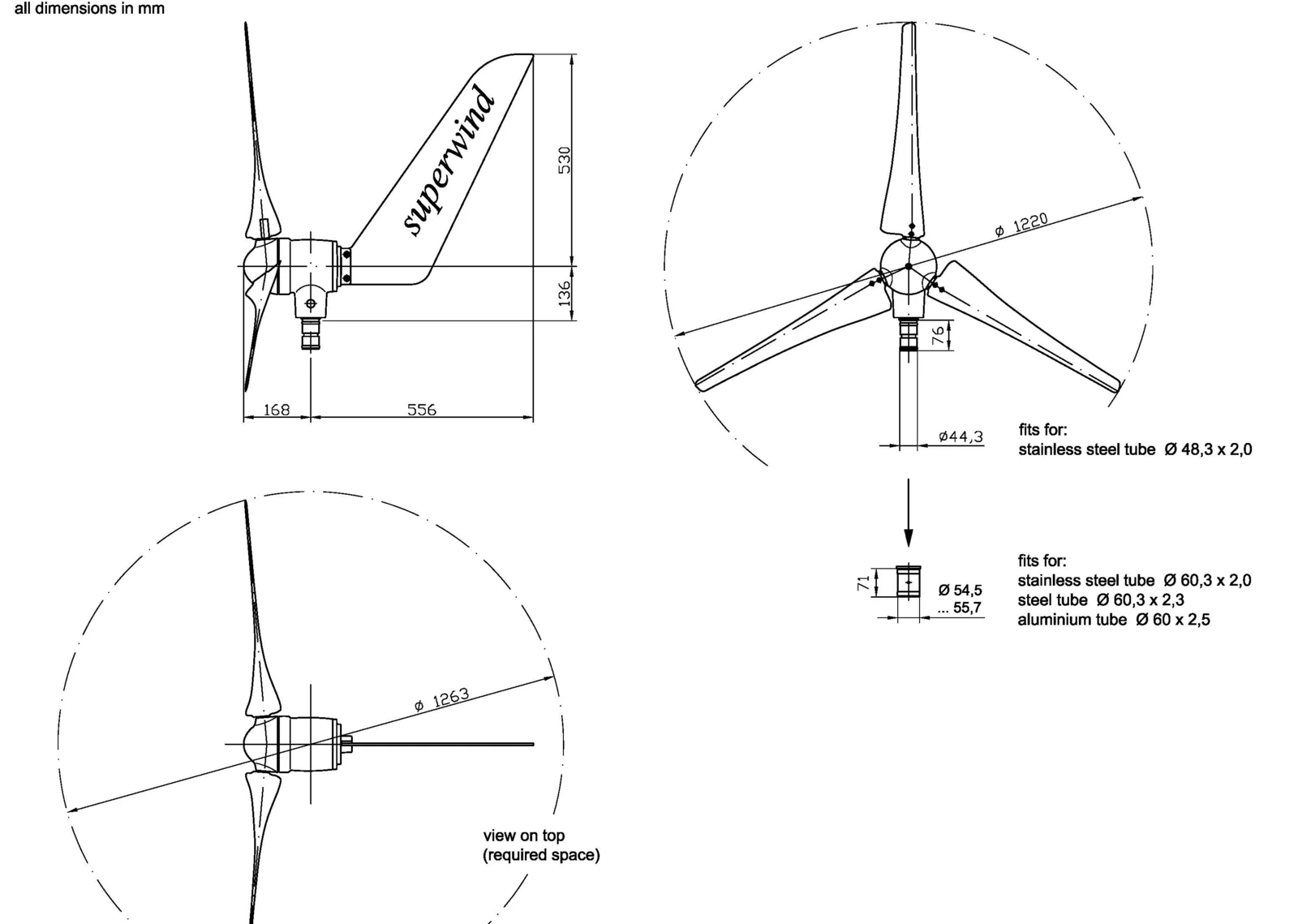 Maßzeichnung Windgenerator SW 353