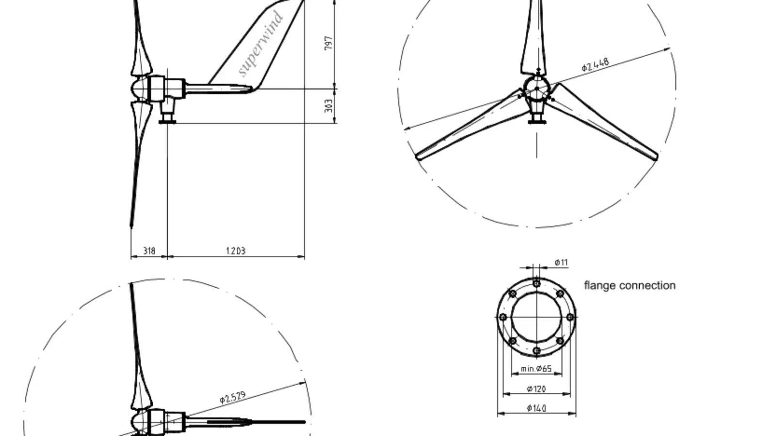 Maßzeichnung Windgenerator SW 1250