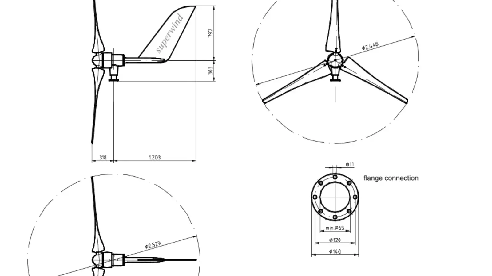 Dibujo acotado aerogenerador SW 1250