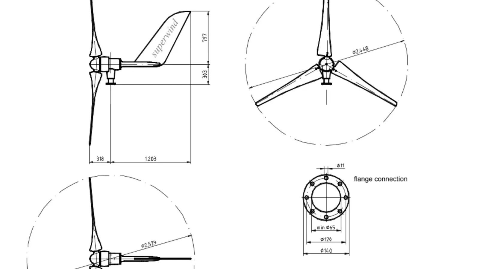 Dimensioned drawing wind generator SW 1250