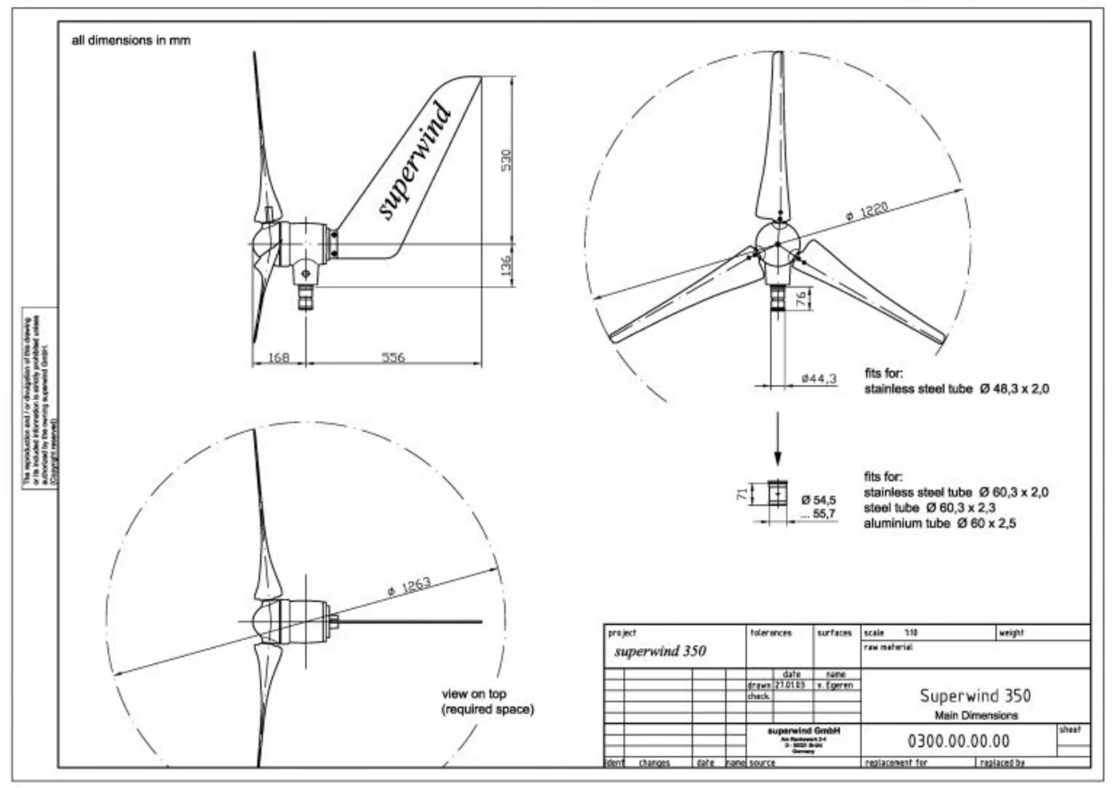 Maßzeichnung von Windgenerator SW 350-II